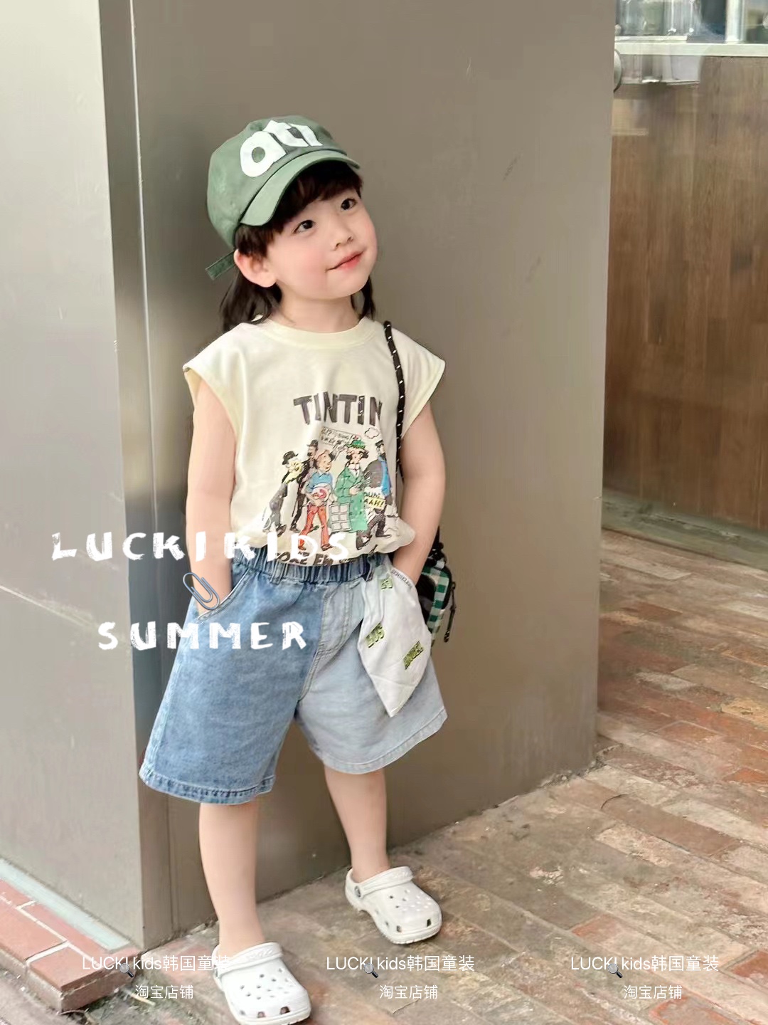 LUCKI KIDS韩国童装2024夏装新款男童卡通无袖T恤休闲拼接短裤