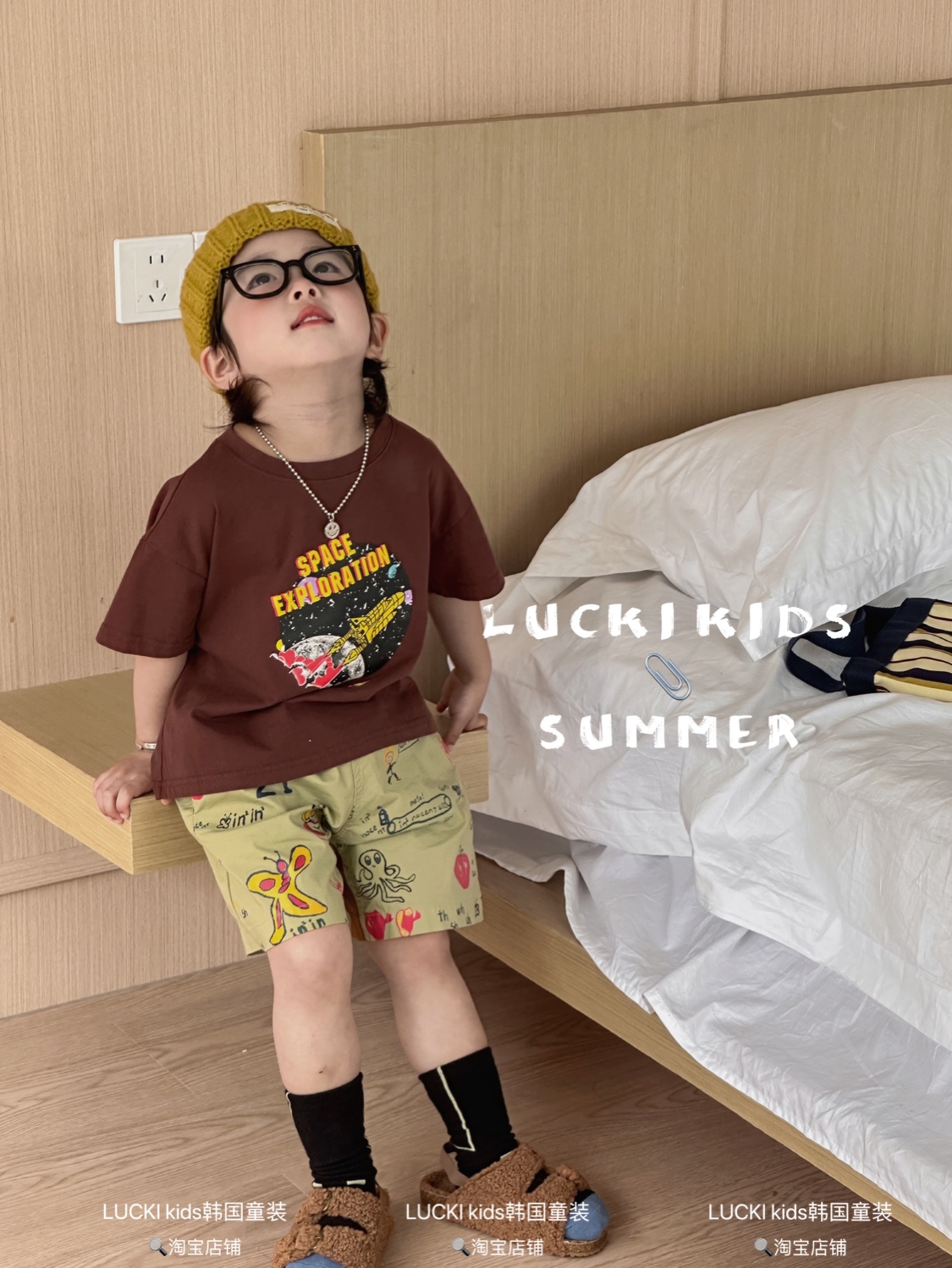 LUCKI KIDS韩国童装2024夏季新品男童卡通印花棉T恤涂鸦拼接短裤