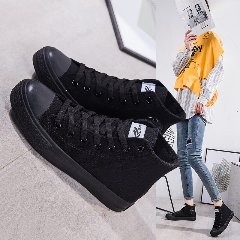 大码2022春季高帮帆布鞋女平底单鞋全黑色休闲鞋学生板鞋潮跳舞鞋