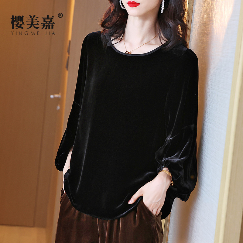樱美嘉秋冬宽松大码显瘦真丝丝绒上衣女圆领灯笼袖黑色桑蚕套头衫