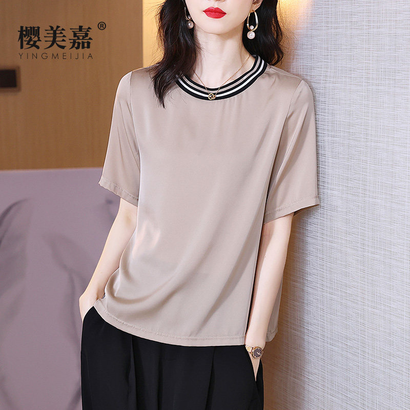 樱美嘉螺纹圆领真丝t恤上衣女夏季新款短袖卡其色休闲桑蚕丝小衫
