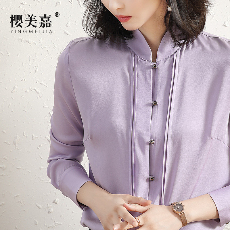 【清仓】春秋复古中式立领真丝衬衫女古典气质长袖桑蚕丝上衣