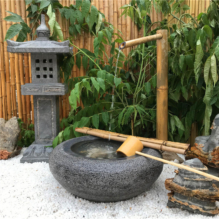 日式庭院石钵流水禅意水景花园石头鹅卵石手水钵蹲踞惊鹿户外石灯