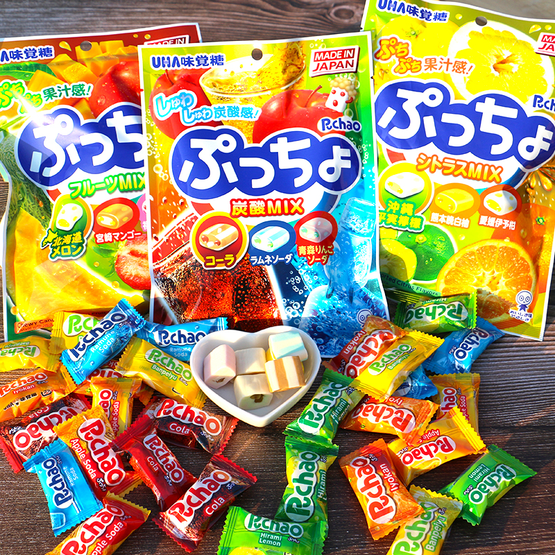 日本进口零食悠哈UHA 3味什锦果汁碳酸味觉糖/糖中糖/夹心软糖90g