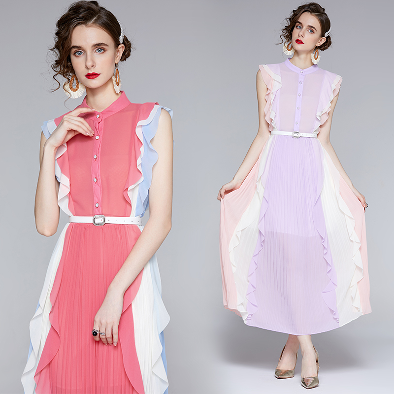 PF7679#法式长款赫本风复古修身拼色渐变色百褶裙夏清新裙子女裝貨源服裝批發