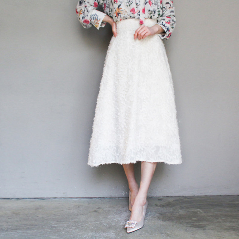 高腰伞裙半身裙中长款女春夏裙子半裙白色雪纺长裙秋季羽毛流苏裙
