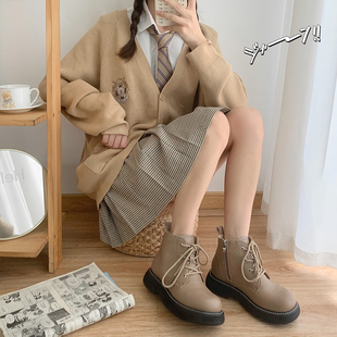 珍珠奶茶 真皮马丁靴女4孔jk大头鞋奶茶色圆头靴子厚底英伦风短靴