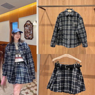 春季新品休闲随性慵懒风黑白格纹棉服外套女甜酷少女百褶裙短裙女