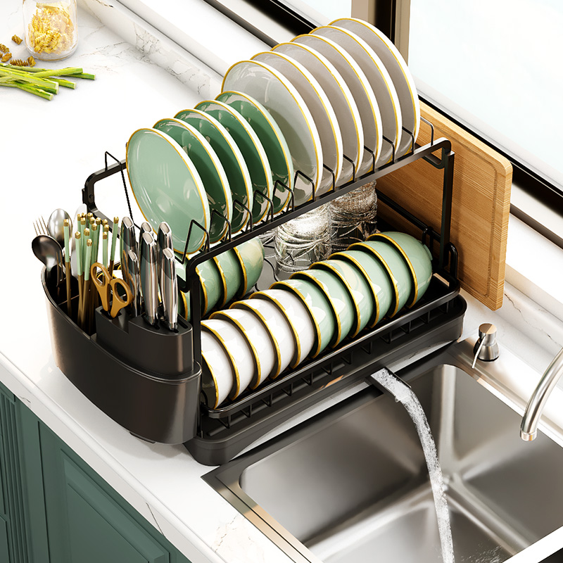 厨房碗碟收纳架放碗筷架沥水架太空铝多功能双层餐具置物架刀板架