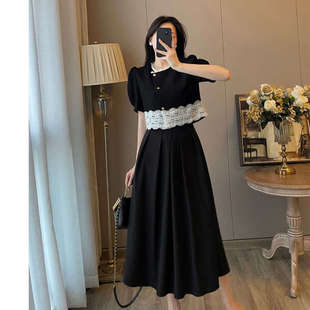显瘦法式复古赫本小香风黑色连衣裙高级感气质上衣长裙两件套套装