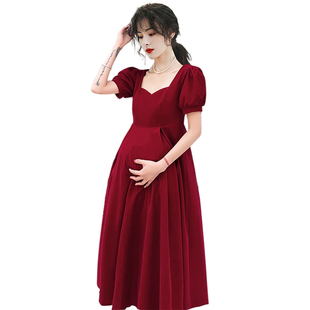 丝绒敬酒服新娘孕妇女酒红色高腰遮肚子结婚答谢宴礼服订婚连衣裙