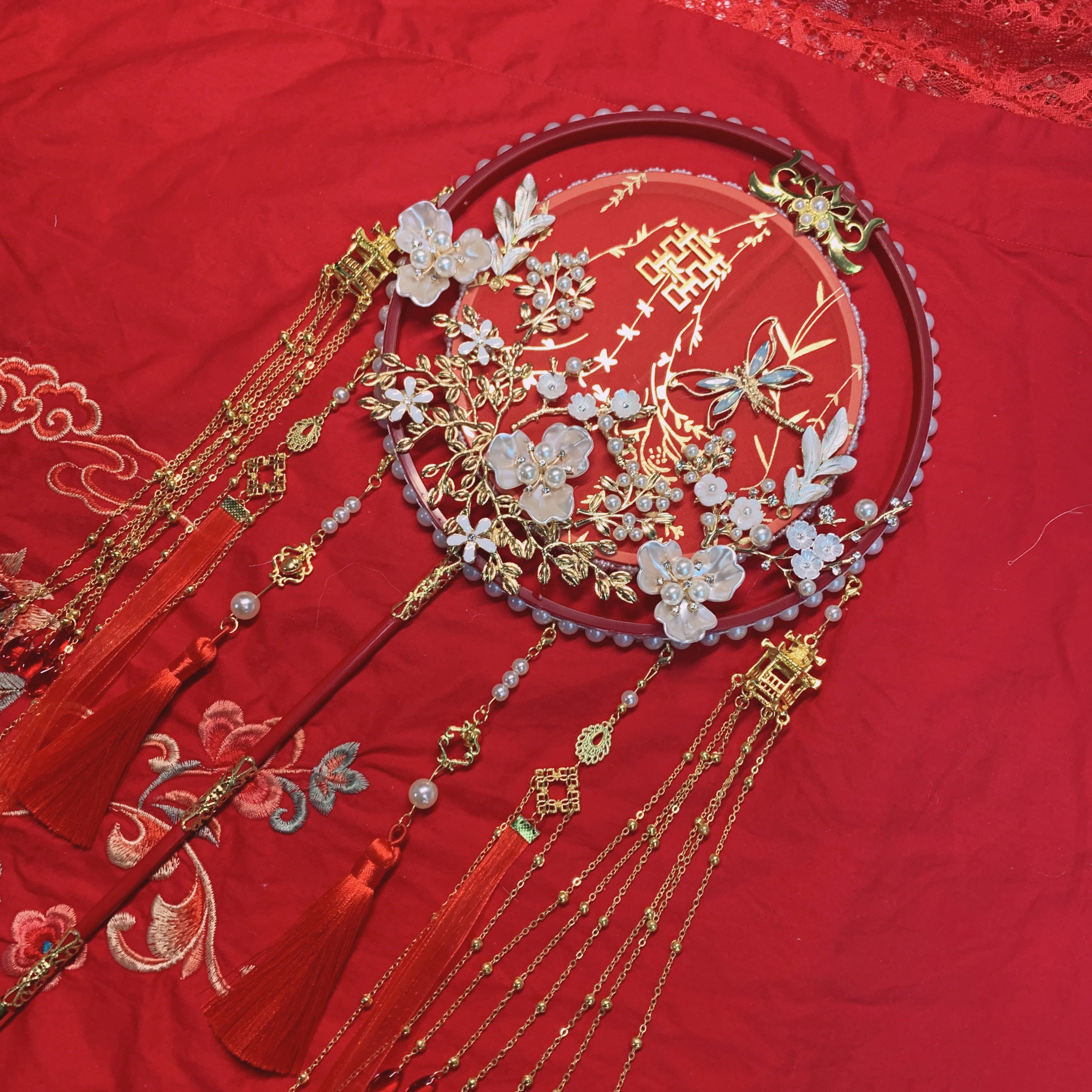 中式喜扇团扇婚礼手捧花扇烫洒金新娘龙凤褂秀禾服宫扇婚扇双圈