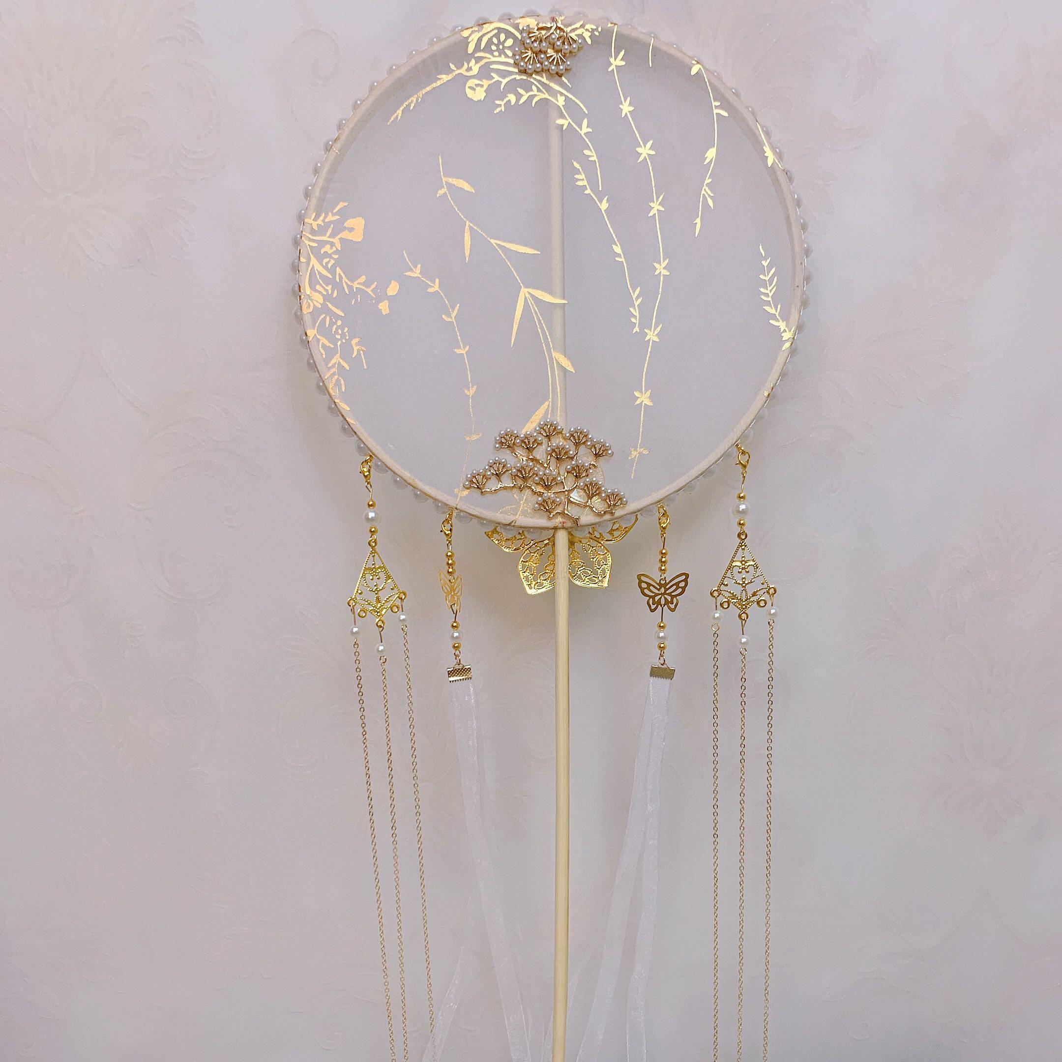 柳枝古风长柄团扇手工古典成品宫扇diy材料包圆扇汉服拍照