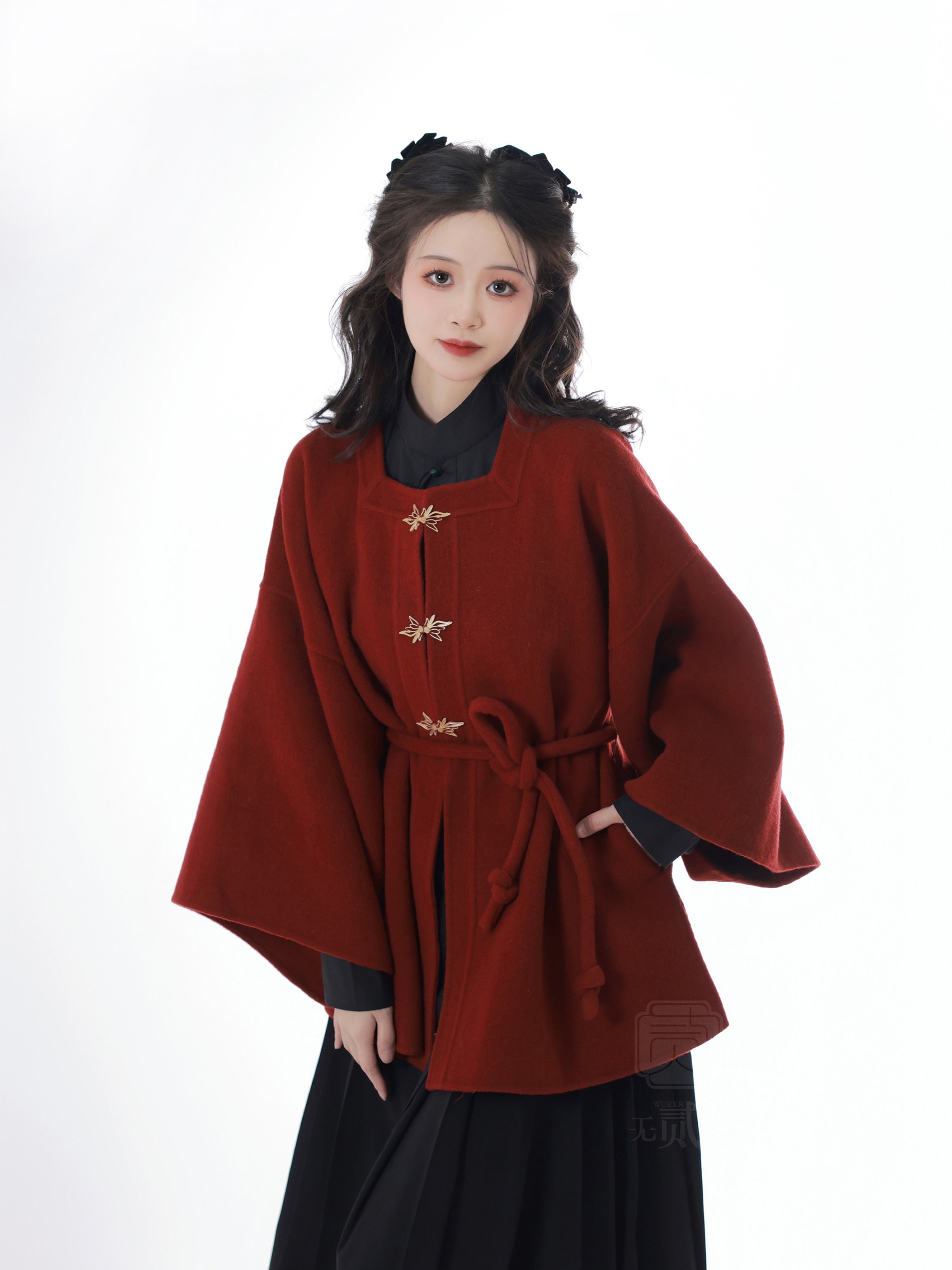 无贰集|年年 冬新年方领对襟双面呢大衣 半袖红色短外套改良汉服