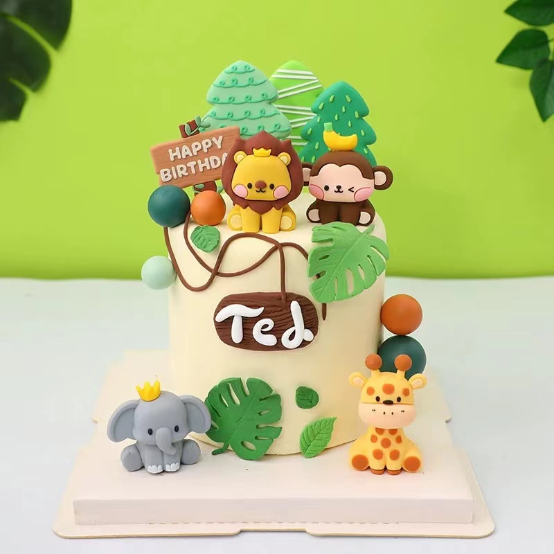 烘焙蛋糕装饰小动物象鹿狮猴子虎斑马森系小树路牌儿童宝生日摆件
