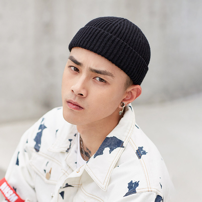 瓜皮帽男士秋冬季潮牌短款圆顶毛线针织帽休闲保暖地痞帽纯色冷帽