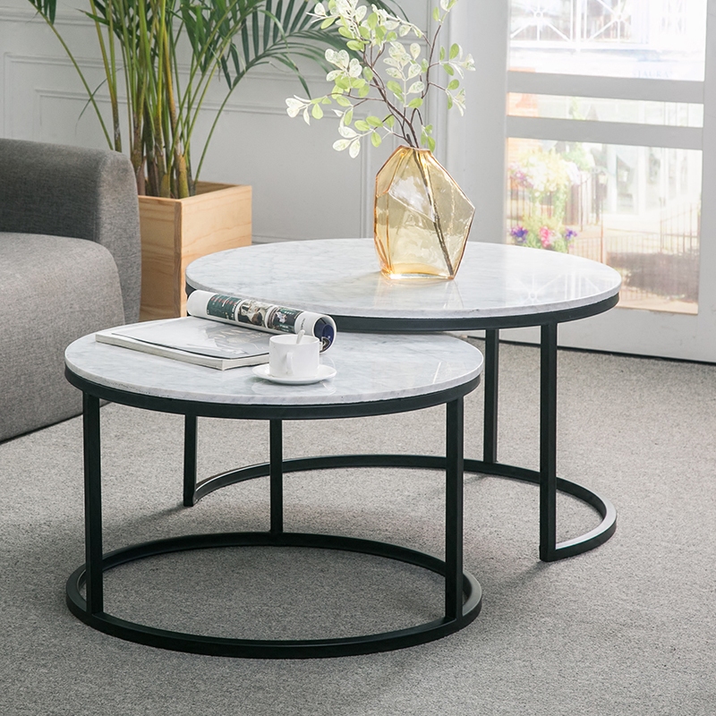 北欧简约现代圆形客厅高低组合茶几天然大理石茶几简易铁艺边几
