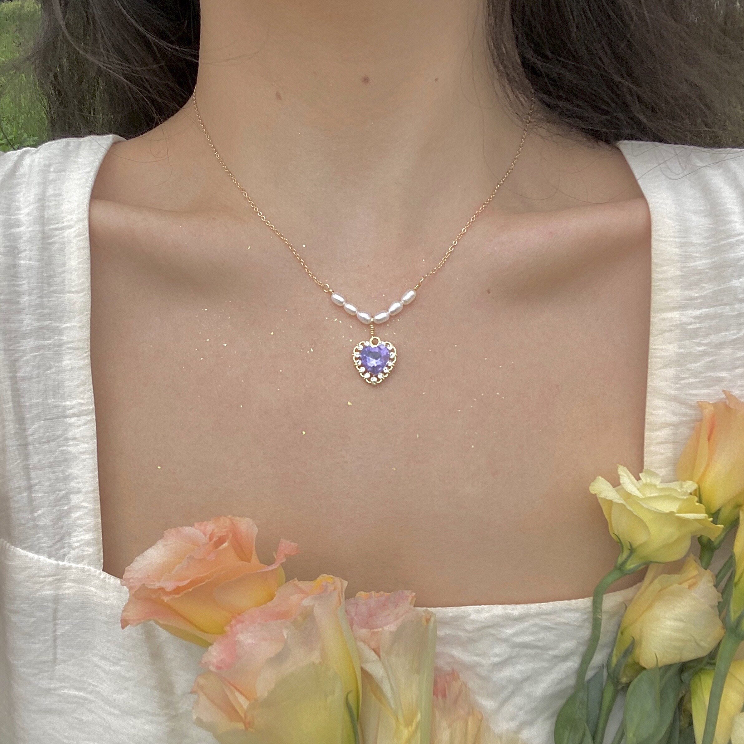 爱心紫水晶珍珠项链女锁骨链2021年新款轻奢小众设计感ins冷淡风