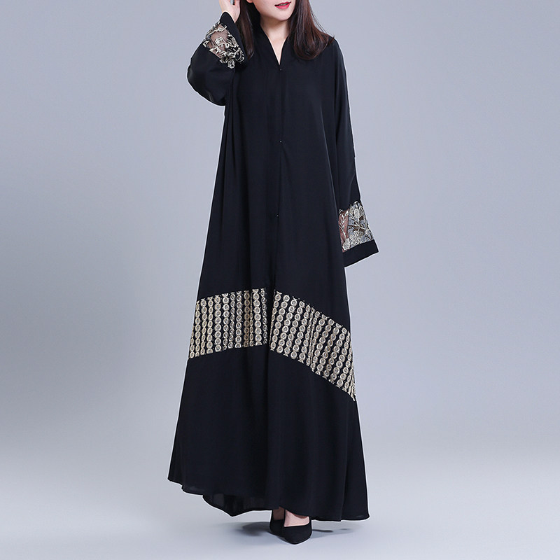 特大码连衣裙长袍女春秋宽松高端刺绣复古开衫外套黑色民族风袍子