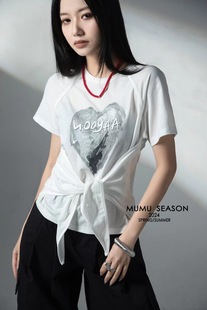 MUMU2024夏季新款韩版设计感绑带收腰字母印花百搭短袖T恤上衣