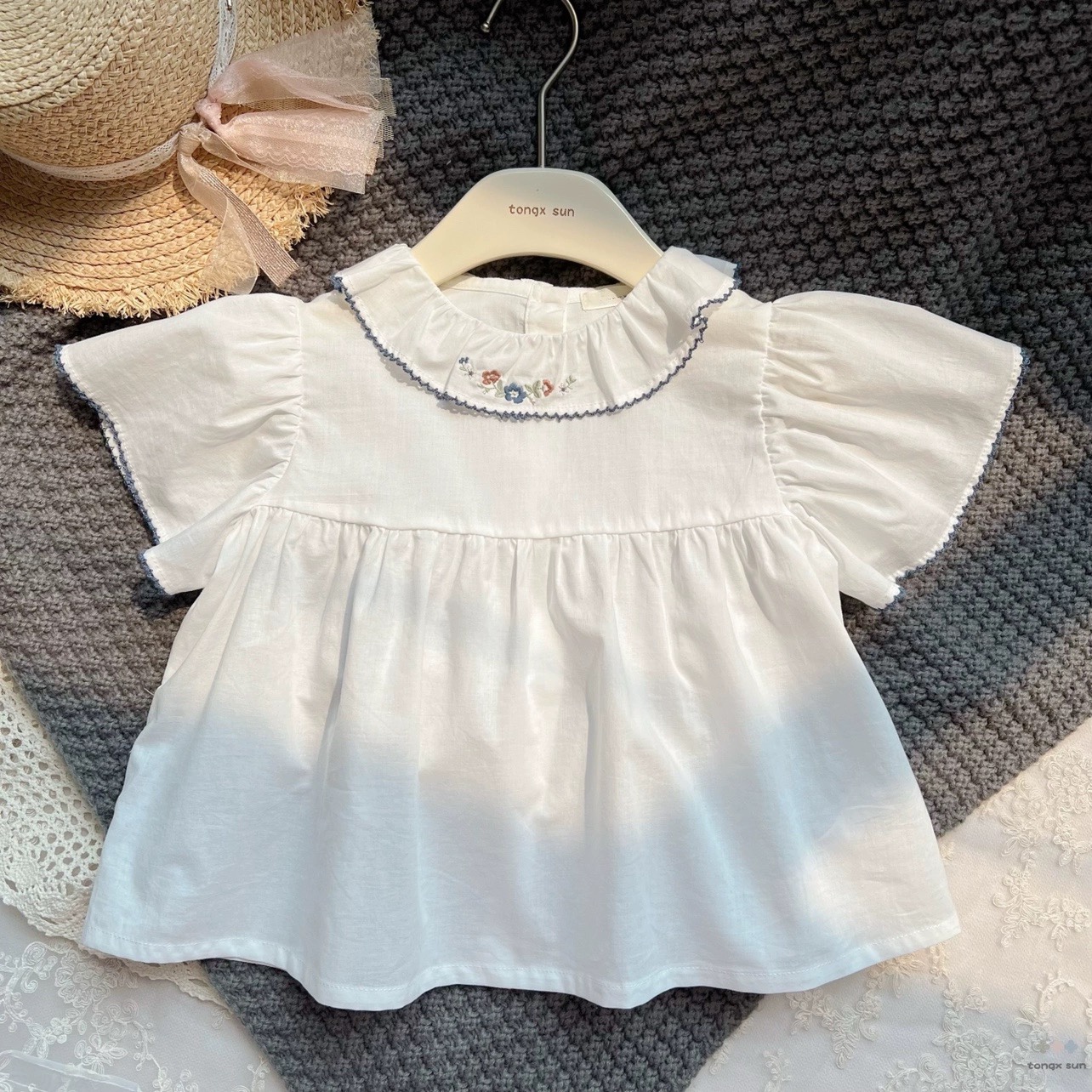 韩国su家童装 23夏季女童薄软单层纯棉娃娃领飞袖裙式娃娃衫 衬衫
