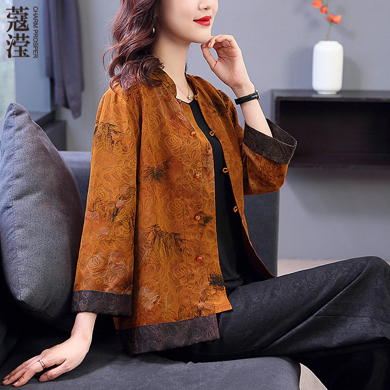 重磅真丝香云纱短外套女春秋新款中年妈妈秋装宽松气质外套开衫