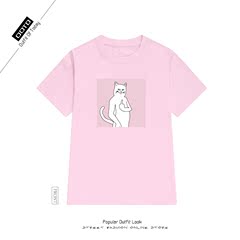 16SS夏欧美街头潮牌中指贱猫粉色卡通短袖T恤衫男女情侣港风潮流