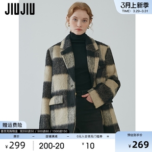 JIUJIU夹棉复古格纹毛呢外套女冬季2024新款设计感休闲加厚西装