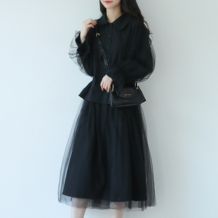 suin2023春季新款甜美宫廷风娃娃领喇叭袖拼纱黑色长袖衬衫女上衣