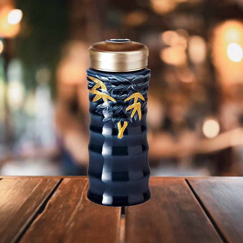 活瓷杯乾唐轩竹节双层防烫随手杯创意便携防摔带盖陶瓷男女水杯子