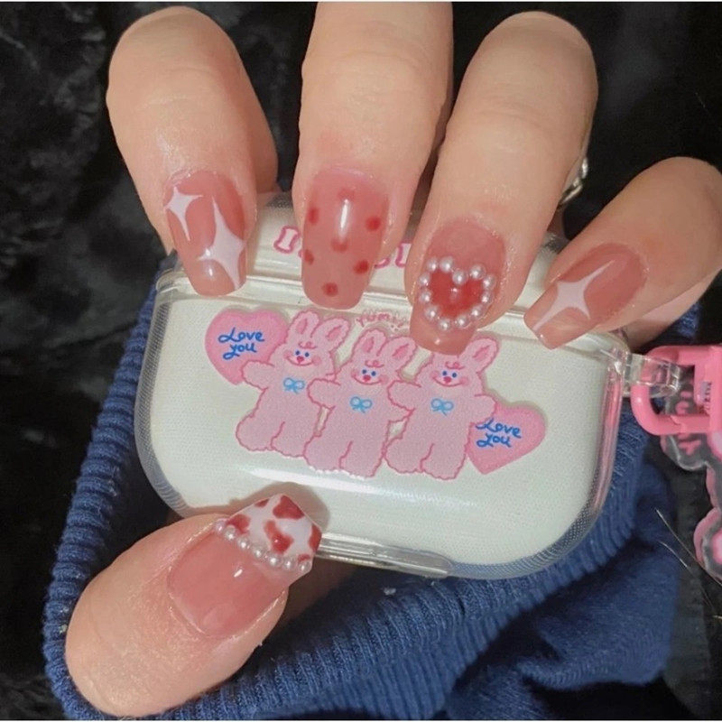 网红可爱贴片假指甲成品透粉红色豹纹穿戴美甲手工定制可重复使用