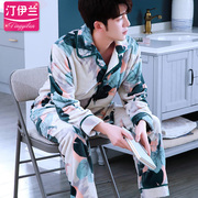 Personalized fashion pajamas men thickened autumn and winter plus velvet warm flannel long-sleeved spring and autumn coral velvet suit home service