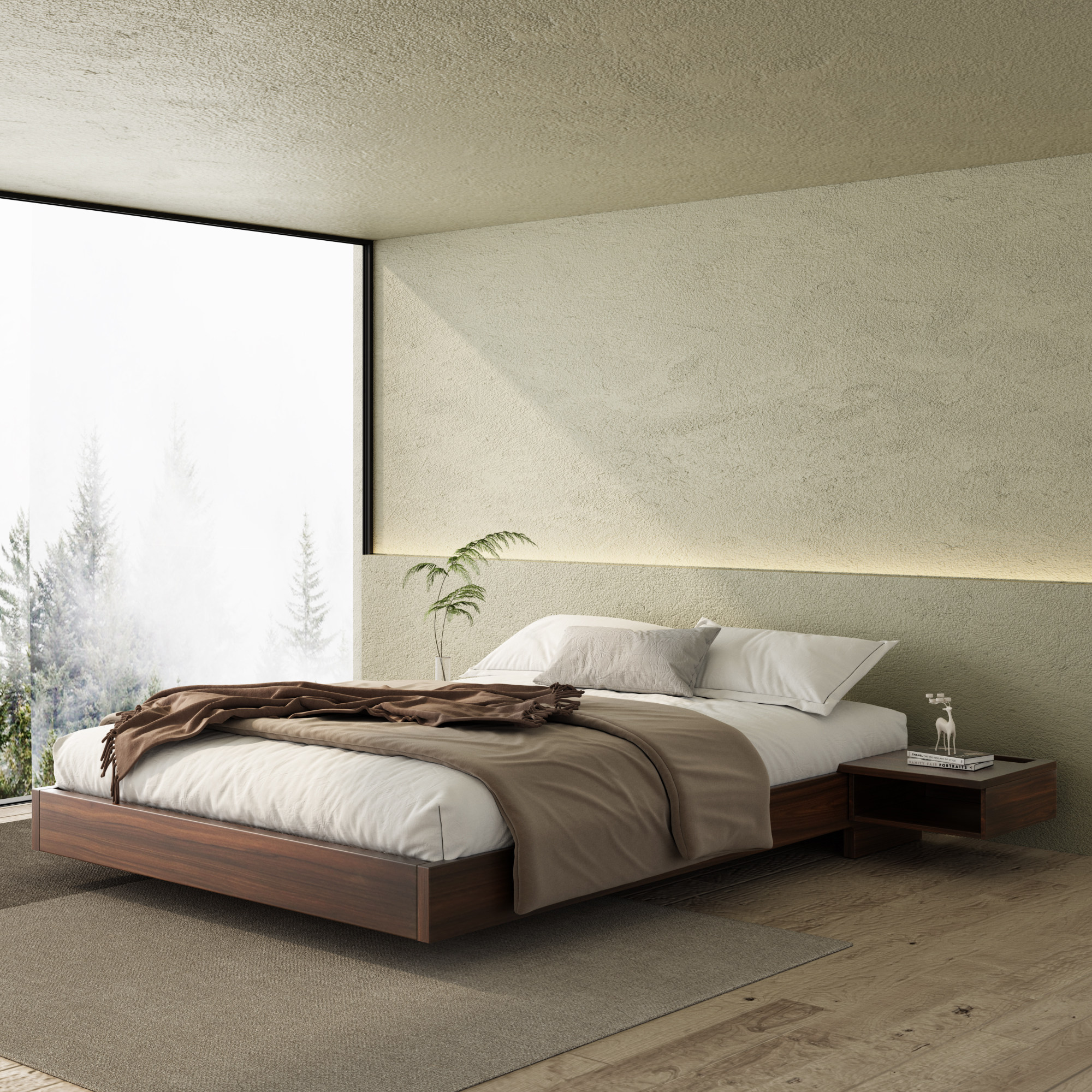 北欧榻榻米床架日式矮床黑胡桃木无床头悬浮双人床现代民宿实木床