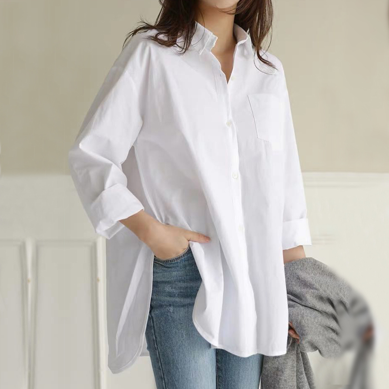 白衬衫女士2021秋装新款韩版宽松休闲百搭中长款大码长袖洋气衬衣