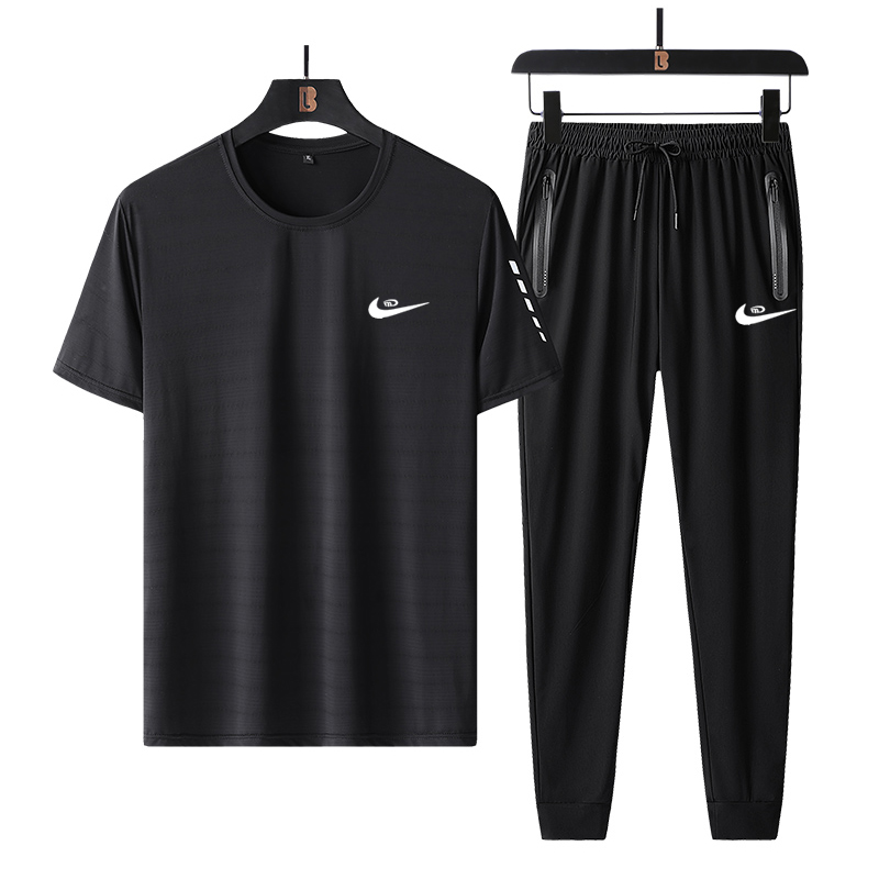 耐克顿速干运动衣服套装男士夏季男装冰丝短袖t恤束脚裤子两件套t