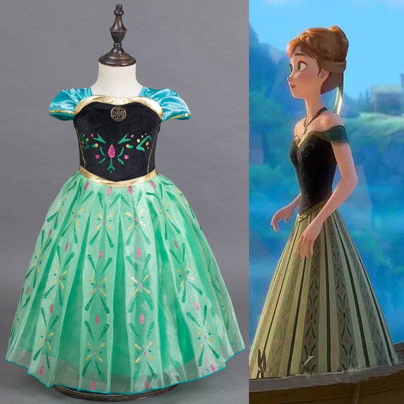 欧美冰雪奇缘安娜公主裙一字肩复古演出裙小学生节日表演礼服裙子