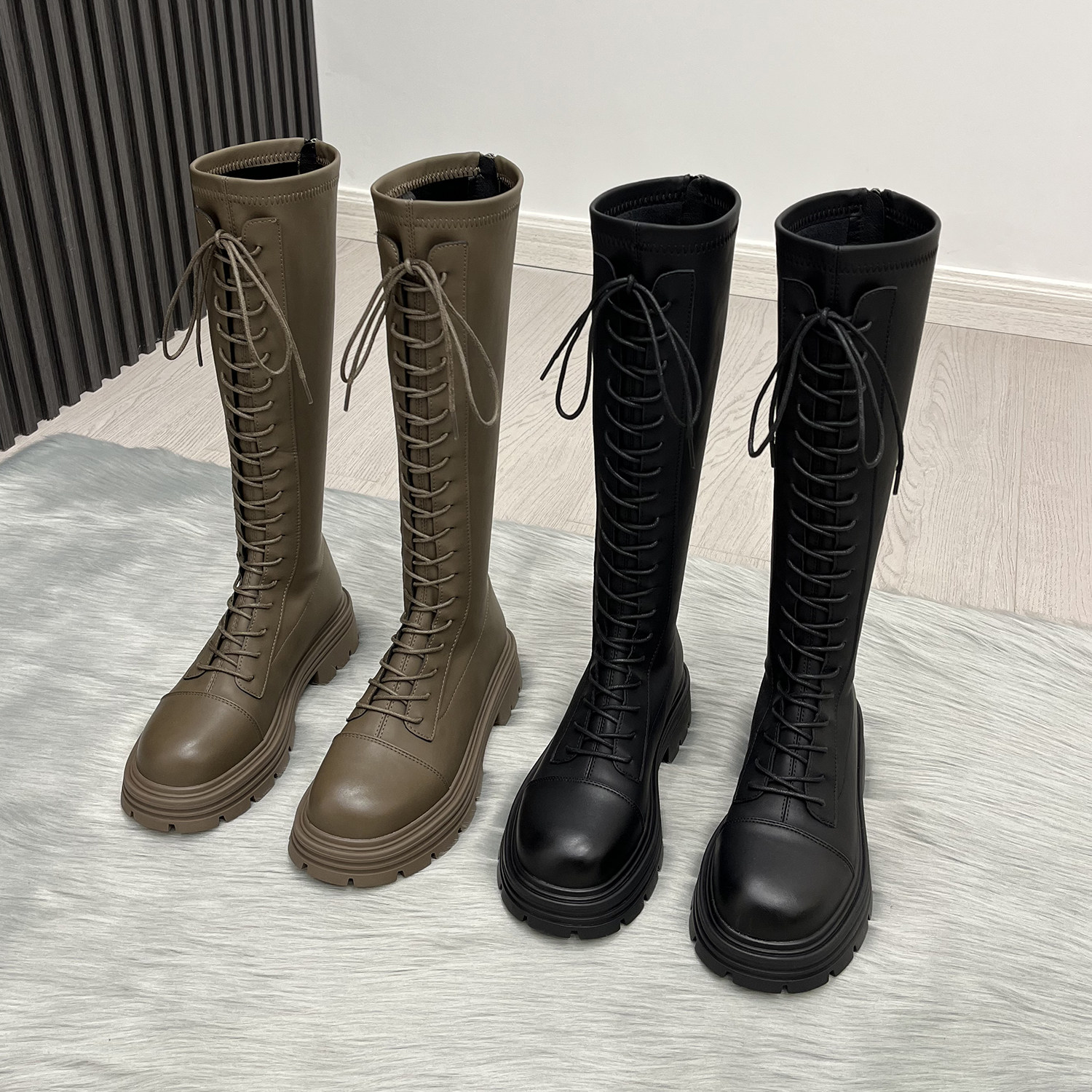 丹行道小个子厚底绑带长筒靴女2022年新款卡其色粗腿高筒骑士靴子