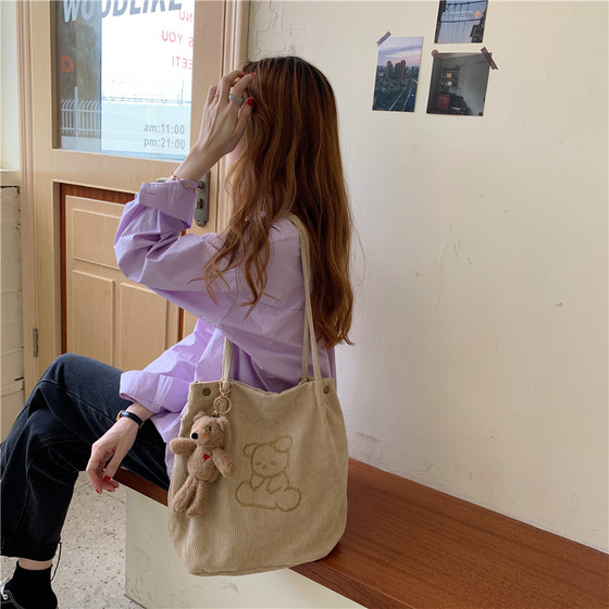 Lovely Canvas Bag Female Cartoon Embroidered Shoulder Bag New Japanese Ins Handbag Corduroy Student Class Bag Lovely Canvas Bag Female Cartoon Embroidered Shoulder Bag New Japanese Ins Handbag Corduroy Student Class Bag