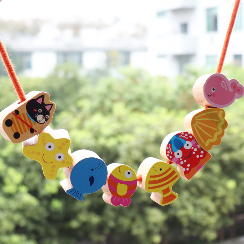 榉木宝宝卡通动物水果大号绕珠串珠子穿线手眼协调早教益智玩具