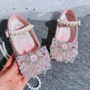 爱莎公主鞋2024新款女孩水晶鞋女宝魔术贴鞋子粉色儿童平底鞋表演