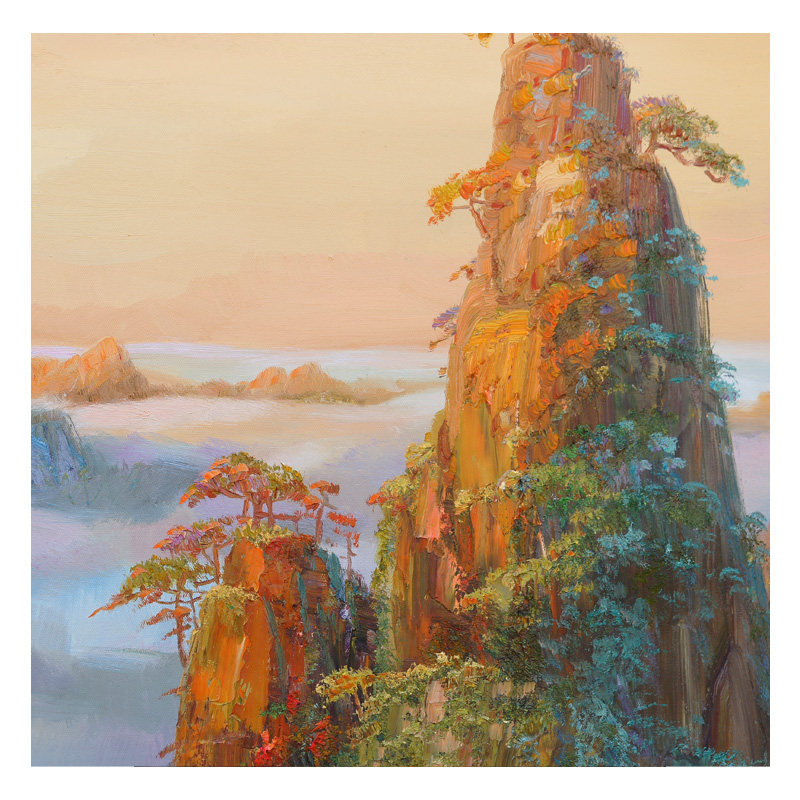 贺一珉《旭日东升之八》原创保真布面油画原作 收藏级珍品带合影