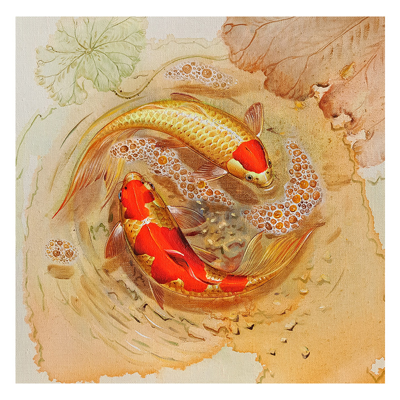 吴文健 《双鱼嬉戏》 原创保真 布面油画原作