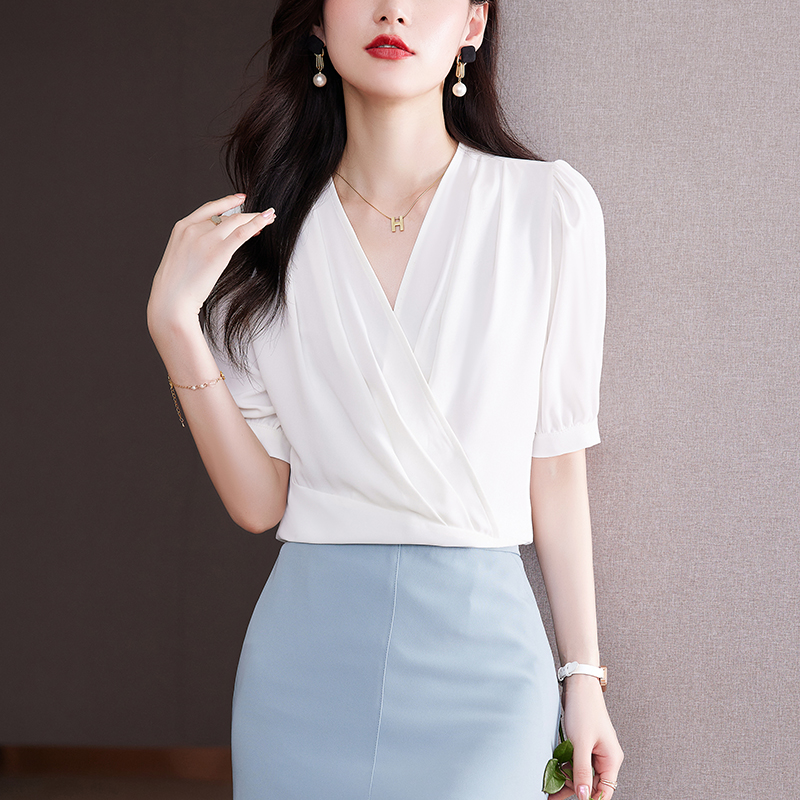 BY252#法式白色雪纺衬衫女夏季设计感女士短袖衬衣v领上衣