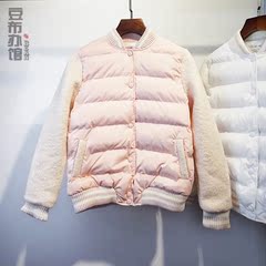 yirui冬装羽绒棉衣拼接粗毛呢夹棉加厚保暖短款棒球服外套女粉色