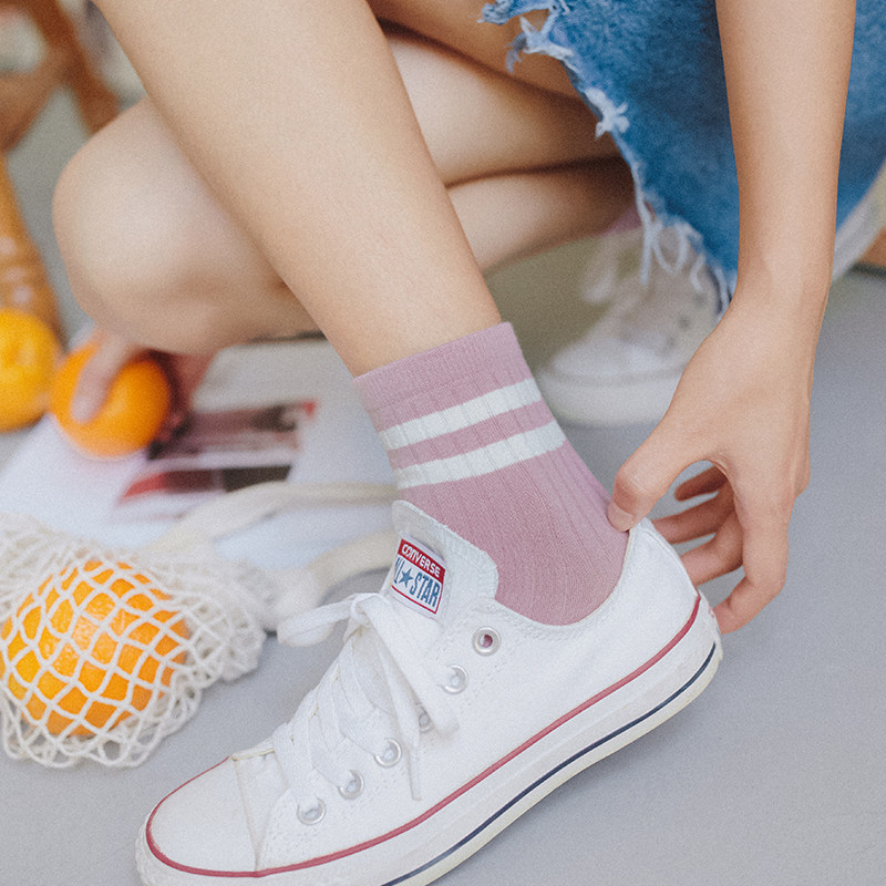 日系女士中筒袜春夏季袜子女学院风二杠条纹短袜运动袜女生袜棉袜