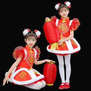 六一儿童喜庆打鼓表演服开门红梦娃男女童灯笼舞蹈裙中国红演出服