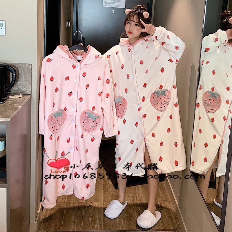 日本gelato女秋冬加厚珊瑚绒长款睡衣女甜美可爱家居服