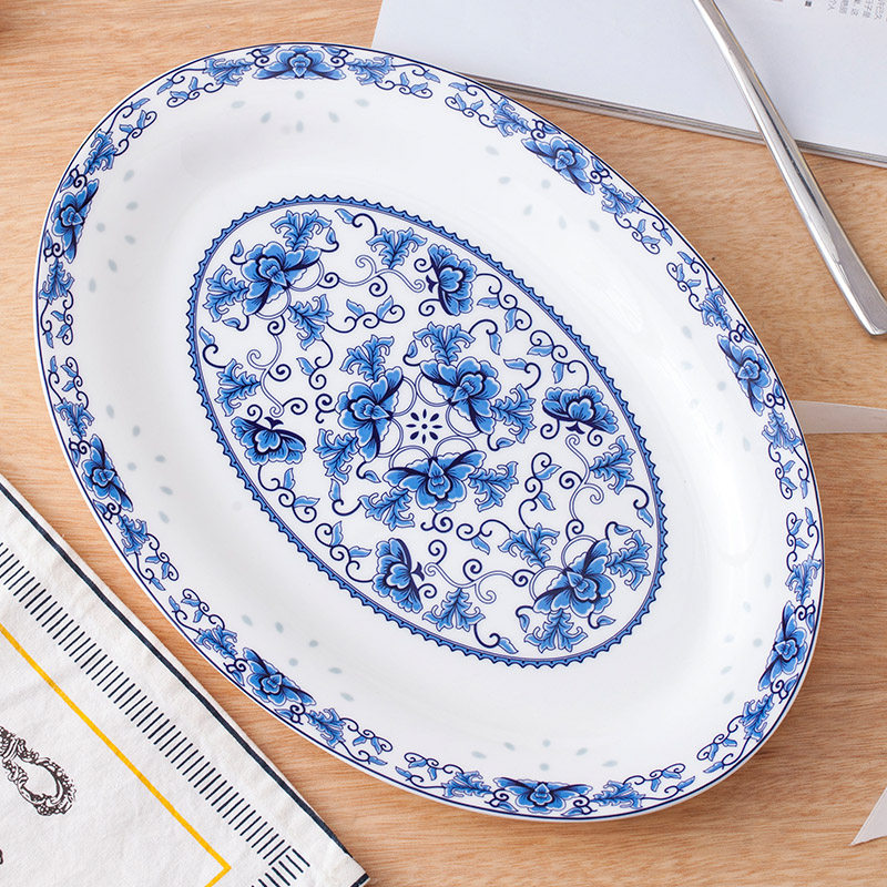 蒸鱼盘子景德镇陶瓷简约商用青花季椭圆形中式大号鱼盘家用新款