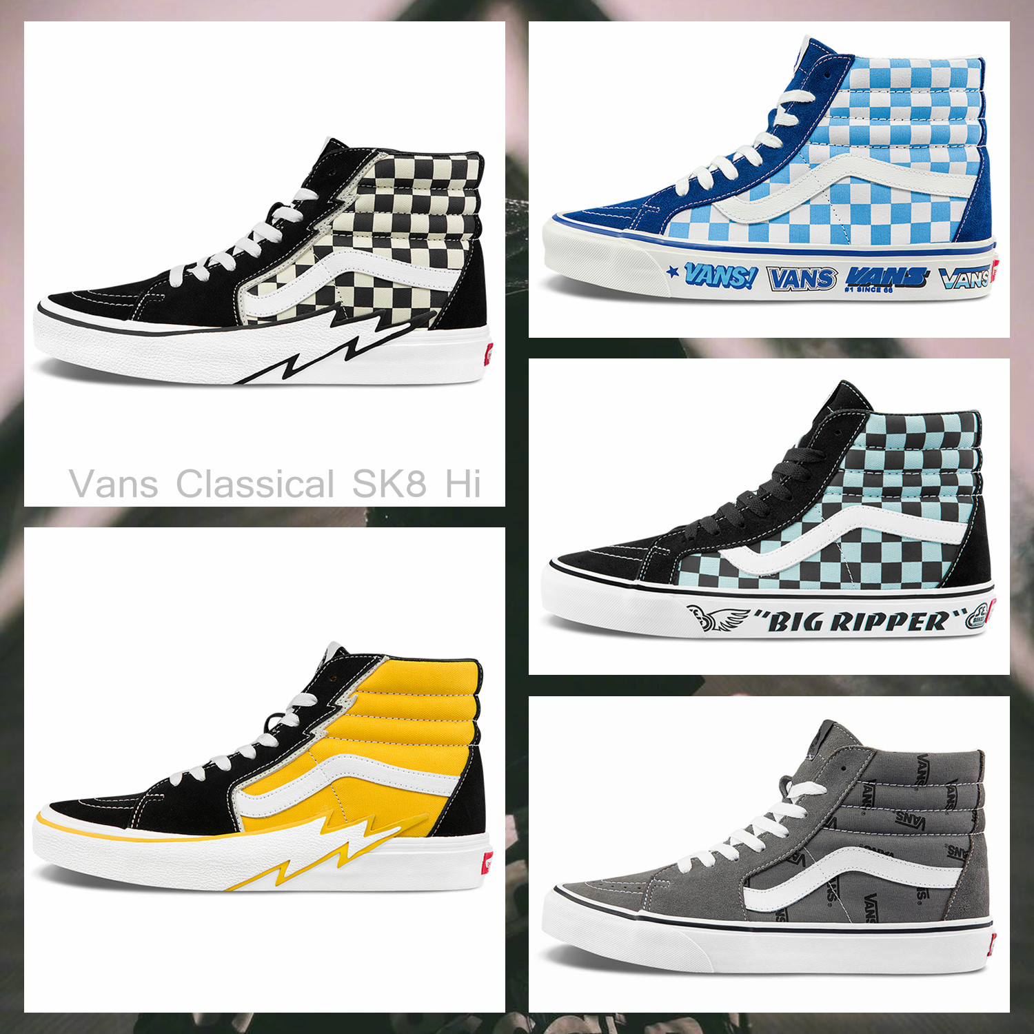 vans闪电黑白棋盘格黑黄蓝色安纳海姆灰色logo男女sk8-hi高帮板鞋