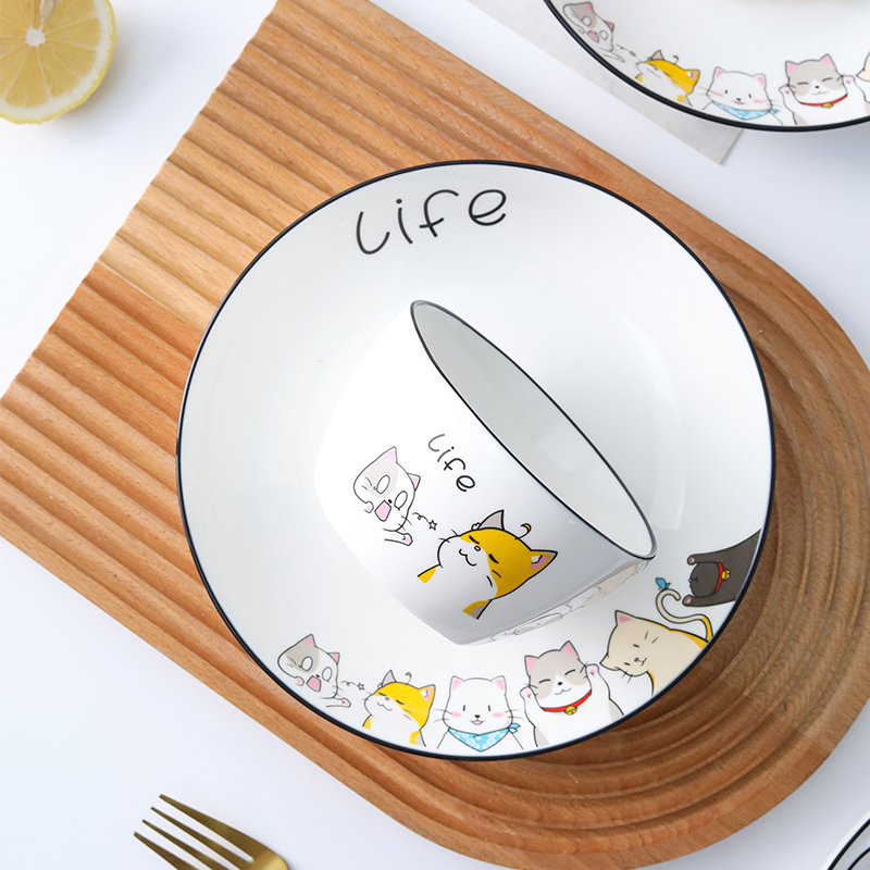北欧创意猫咪陶瓷圆盘方盘家用网红餐具平盘酒店日用碗碟盘吐骨碟